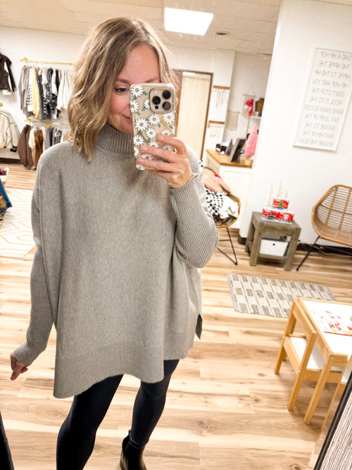 Grey Mock Neck Oversized Sweater Top