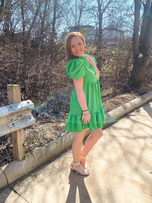 checkered tiered button down dress with collar in green