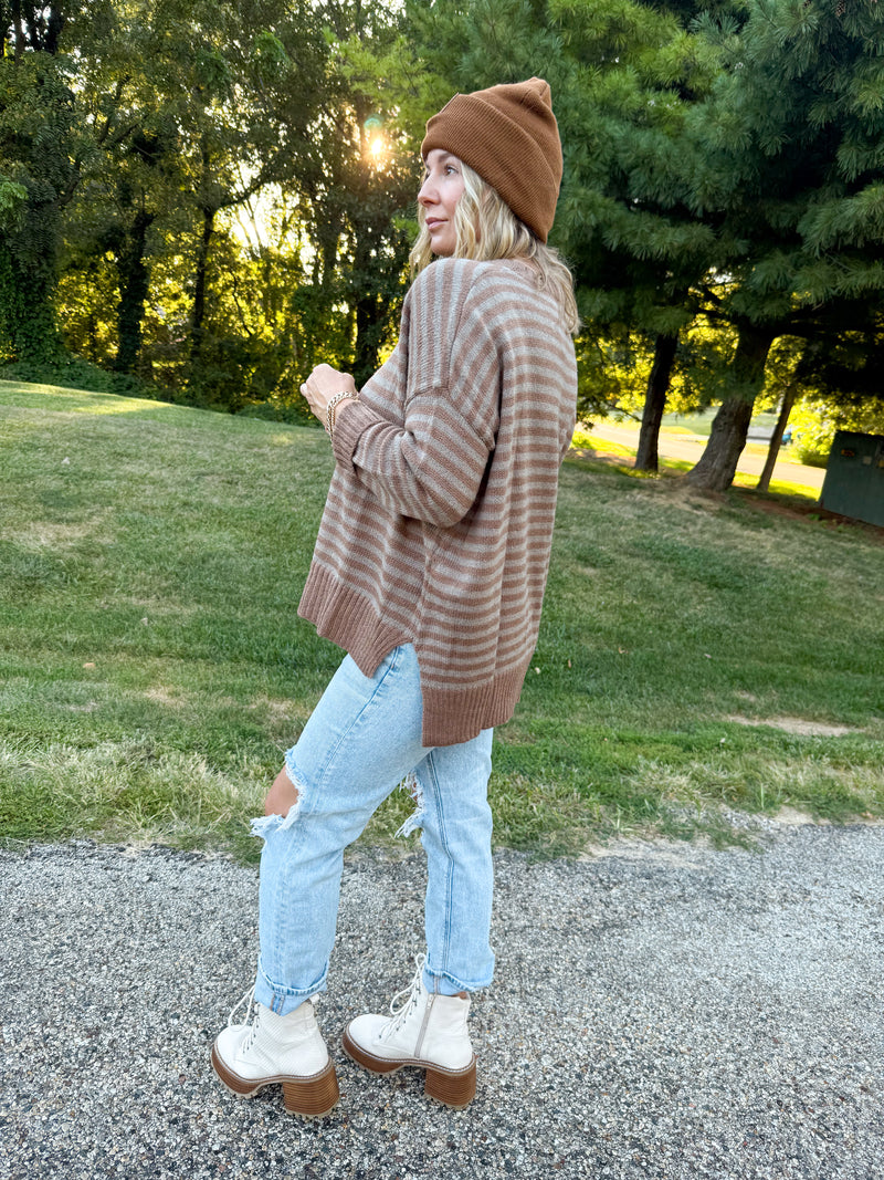 Taupe Striped Soft Sweater