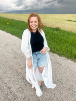 white gauze maxi kimono with lace trim