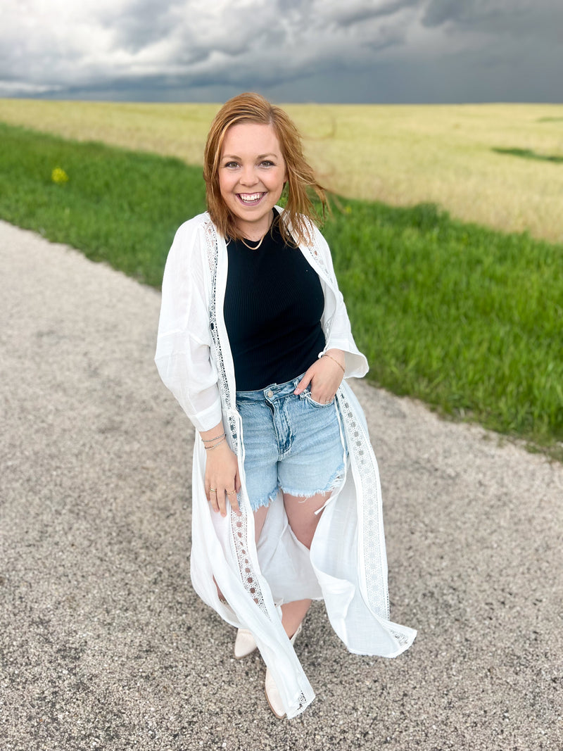 white gauze maxi kimono with lace trim