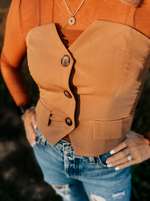 promesa strapless corset button up vest in taupe