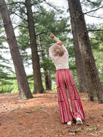 red and white boho wide leg printed pants with elastic waist