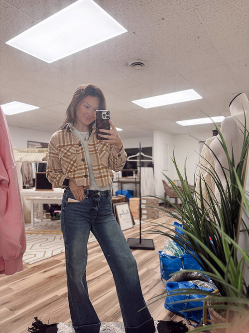 Plaid Cropped Shacket with Hood