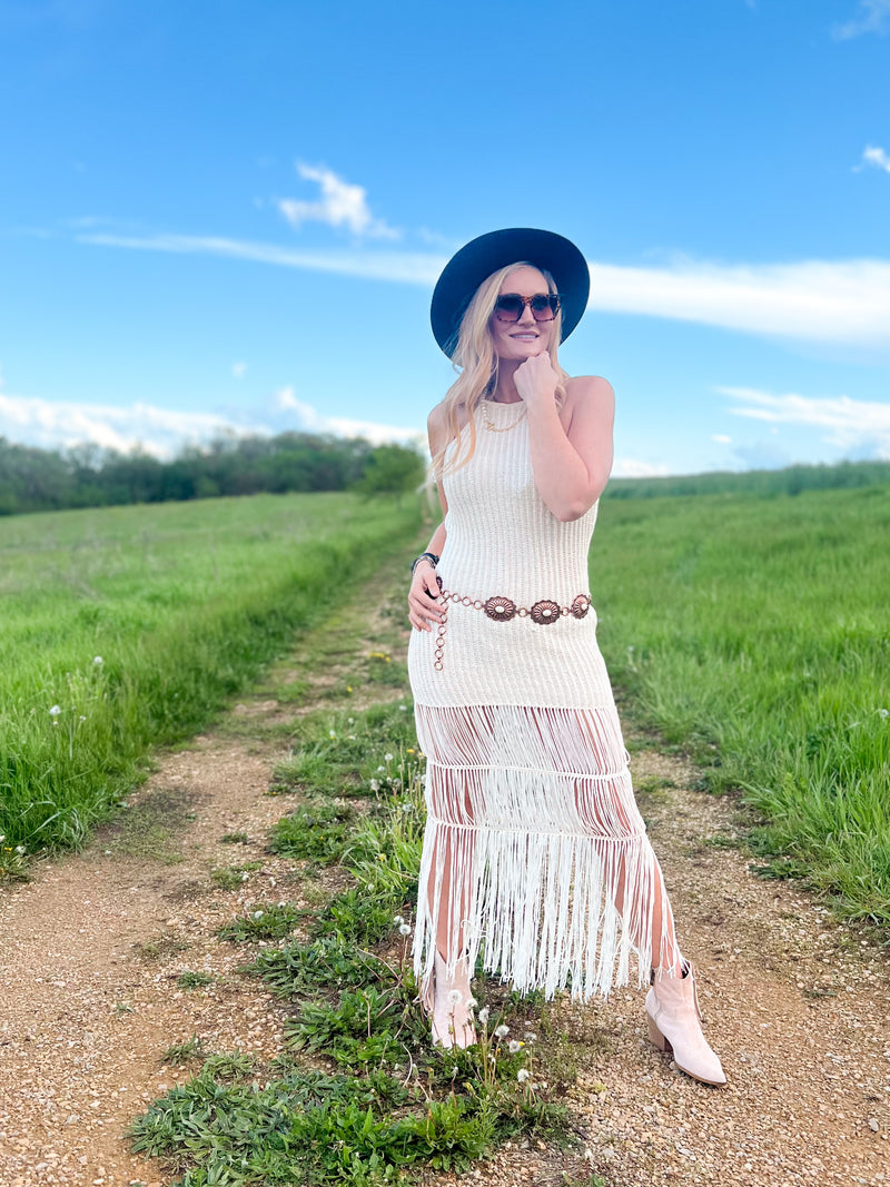 Crochet Knit Halter Fringe Maxi Dress Crochet Knit Halter Fringe Maxi Dress