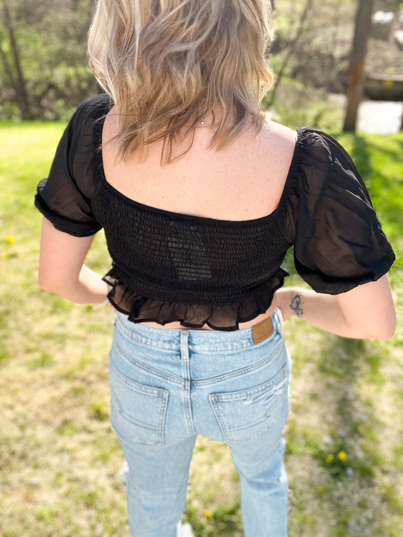 Black crop top blouse with front tie, ruffle sleeves, sweetheart neckline back