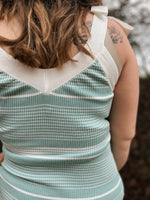 teal and cream striped sweater dress with self-tie straps and slit