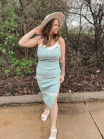 teal and cream striped sweater dress with self-tie straps and slit