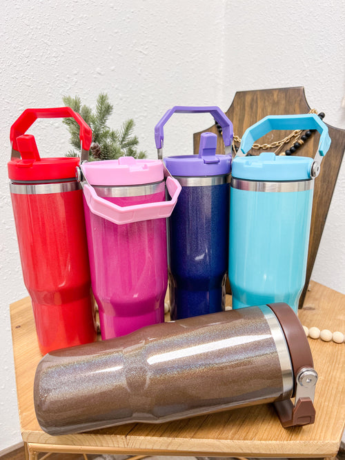 Stainless steel 30oz cups in red, magenta, purple, turquoise, and brown