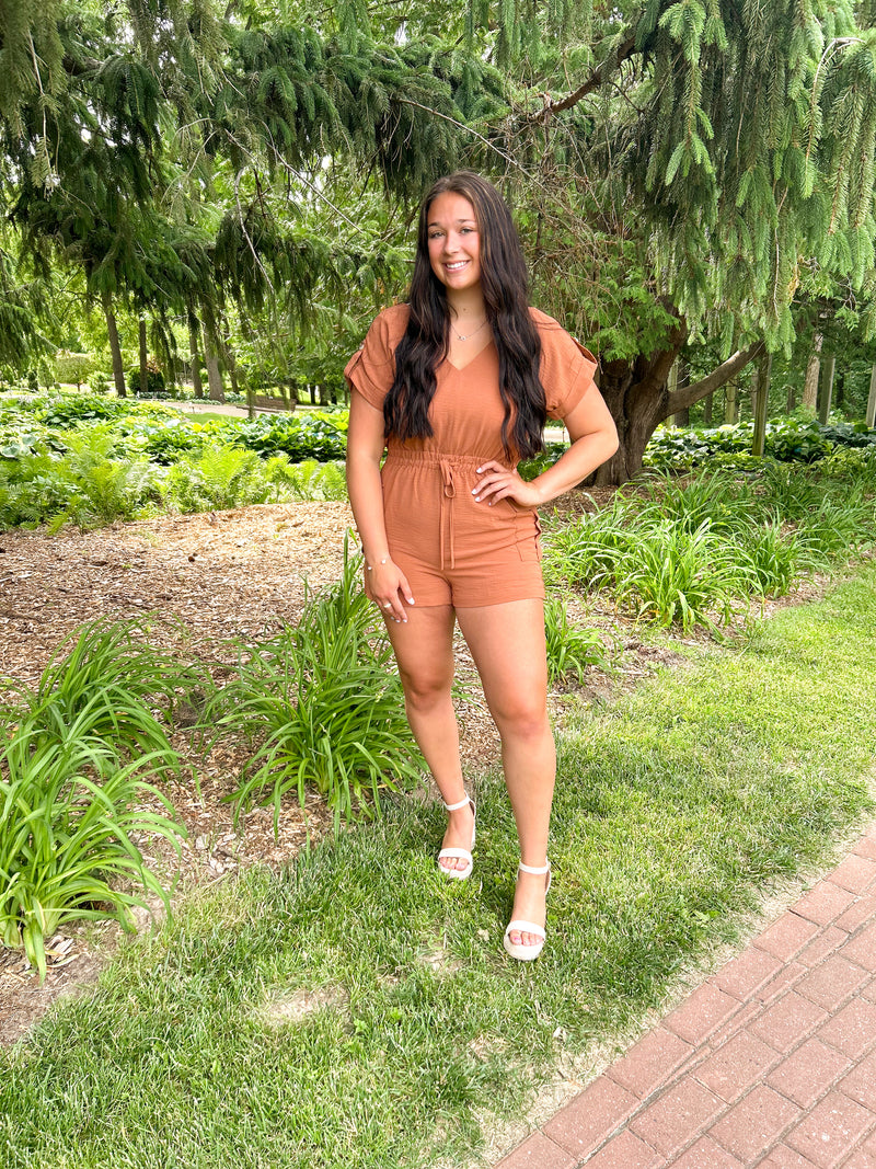 v-neck drawstring waist rompers in rust