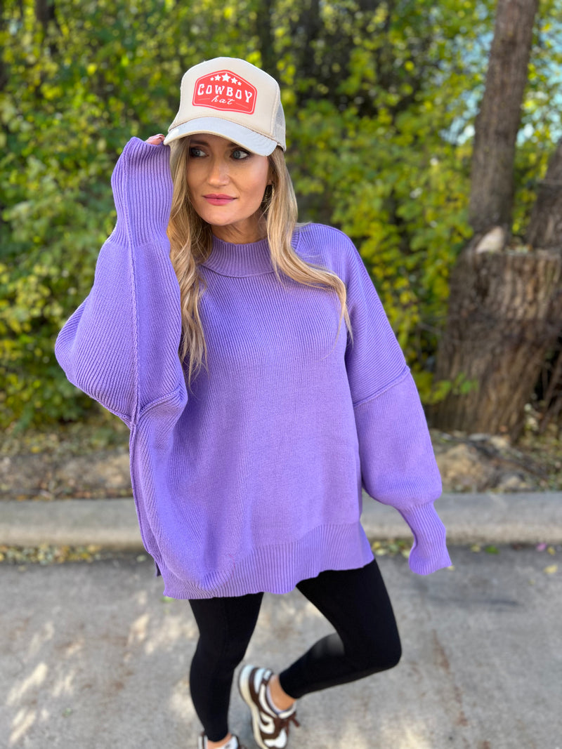 Zenana oversized sweater with side slits in lavender