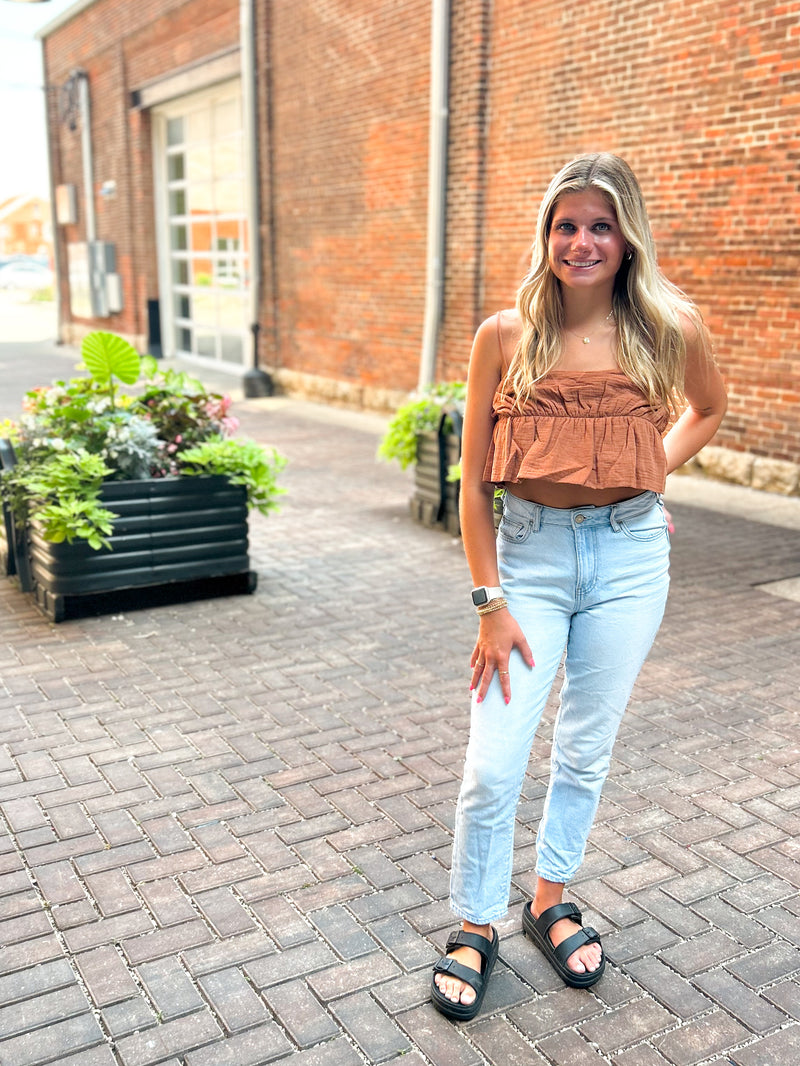 camel ruffle cropped top