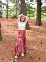 red and white boho wide leg printed pants with elastic waist