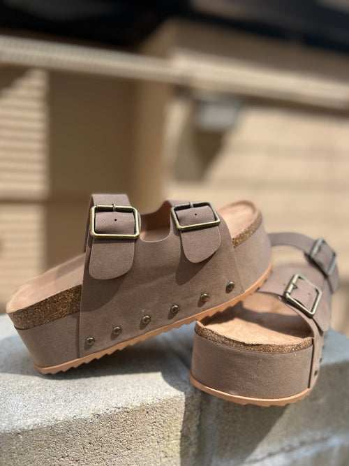 Taupe platform two strap sandals with studs 