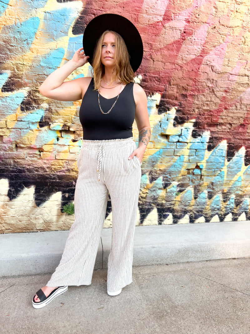 striped linen pants in cream and gray