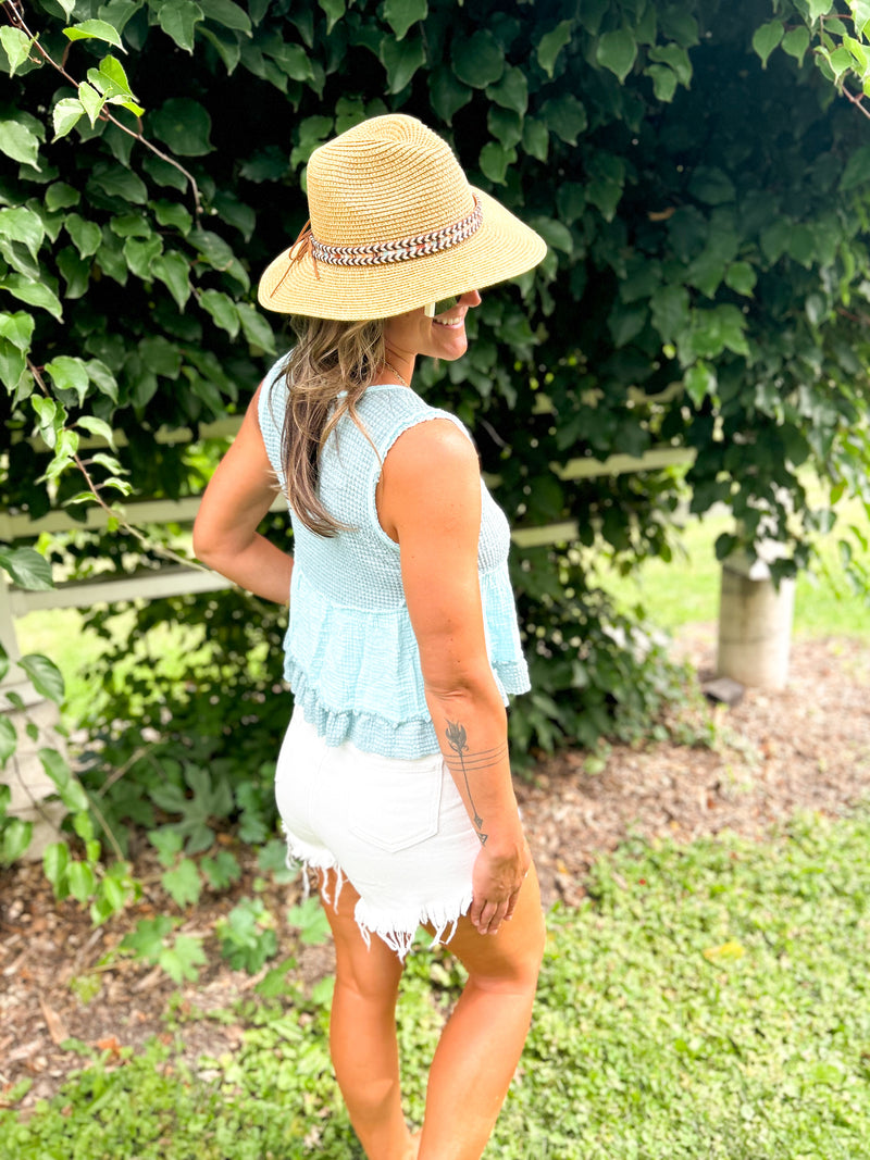 POL light blue ruffle knit tank top