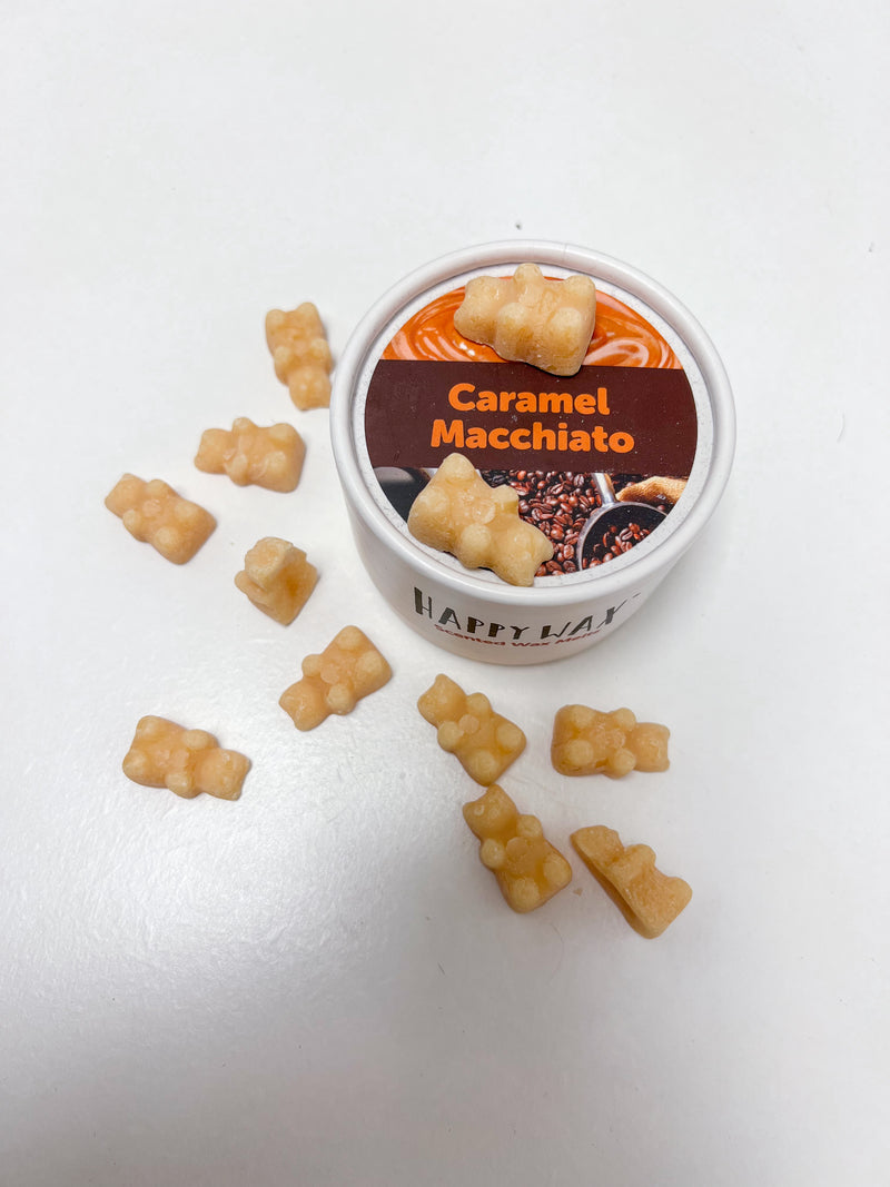 Happy Wax Eco Tin Caramel Macchiato close up of bear-shaped wax melts