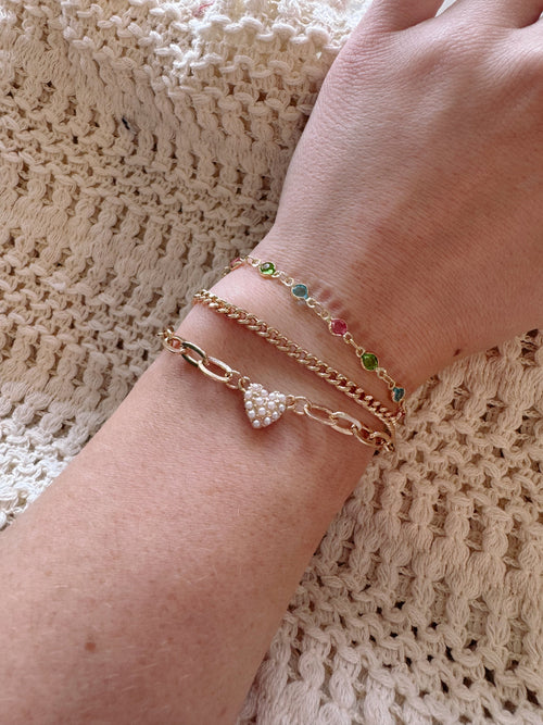 colorful gold bracelet with pearl heart charm