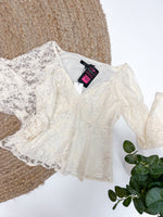 Hannah Lace Long Sleeve Cream Blouse with sweetheart neckline, elastic cuffs, baby doll style top