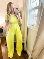 Two piece set with cropped tee and wide leg elastic pants in citrus
