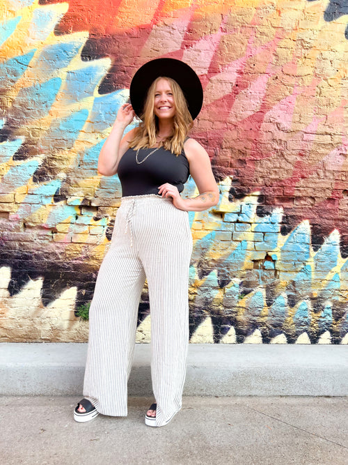 striped linen pants in cream and gray