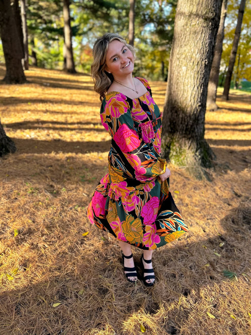 square neck floral long sleeve midi dress in black, pink, orange, and teak