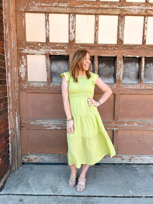 April Lime Tiered Midi Dress