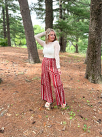 red and white boho wide leg printed pants with elastic waist