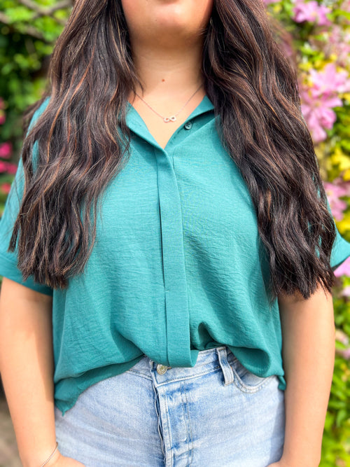 loose button down shirt teal