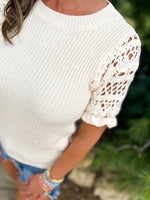 flower pattern lace sleeve crochet top in cream