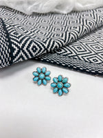 Close up of Metal Western Floral Earrings in turquoise