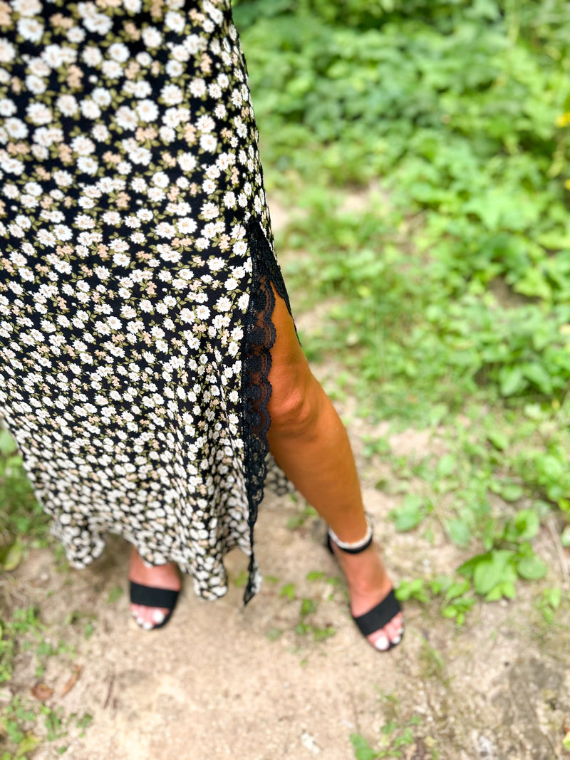 Black Floral Slip Cami Dress with lace trim