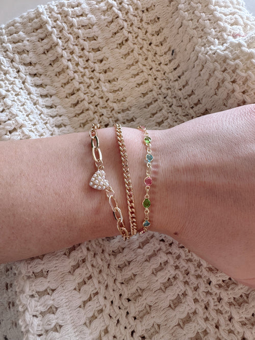 colorful gold bracelet with pearl heart charm