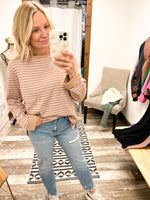 cotton bleu striped long sleeve top in taupe and white