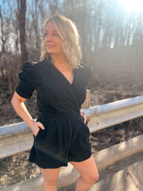 denim surplice romper in black