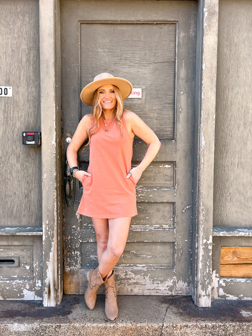 racerback tank dress with pockets in orange and mocha