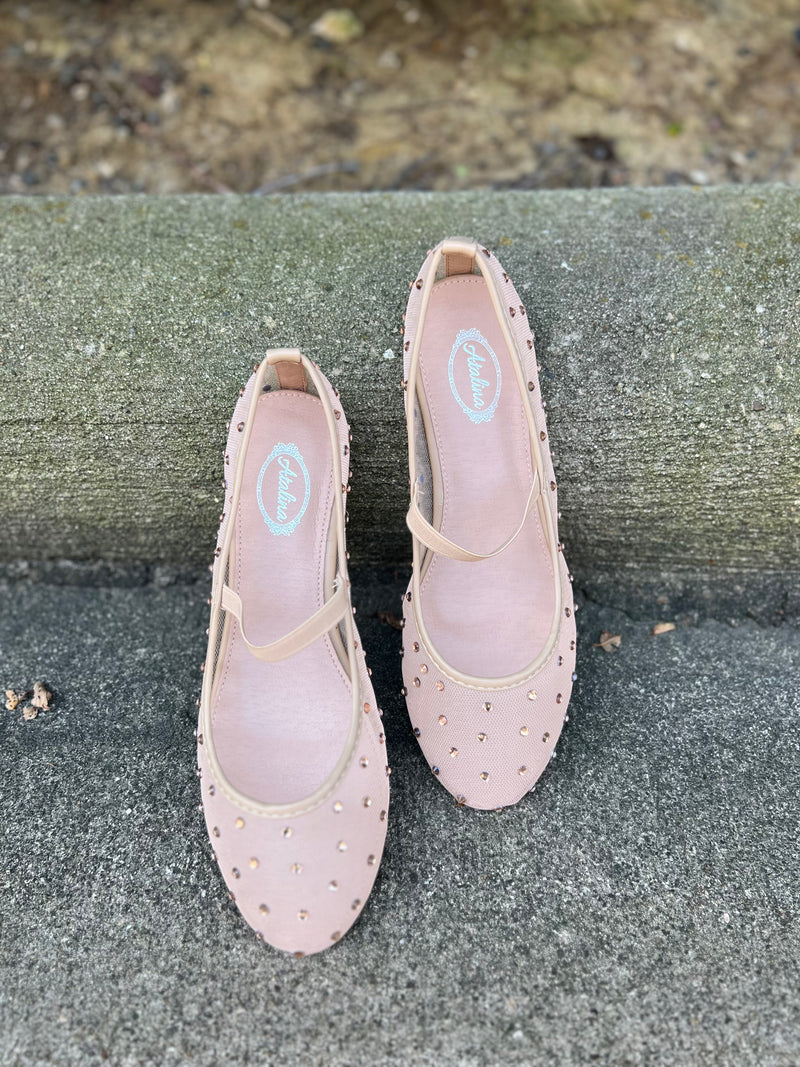 Nude mesh ballet flats with rhinestones 