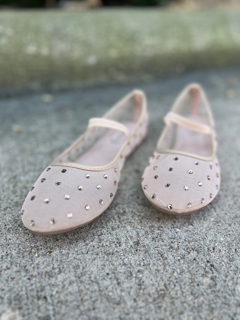 Nude mesh ballet flats with rhinestones 