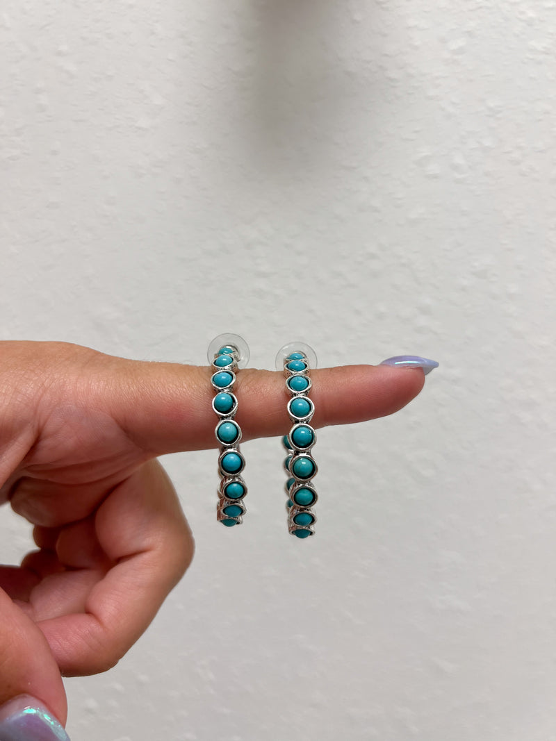 Turquoise bead silver hoops