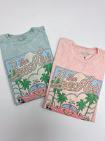 Beach club graphic tee in blue and pink