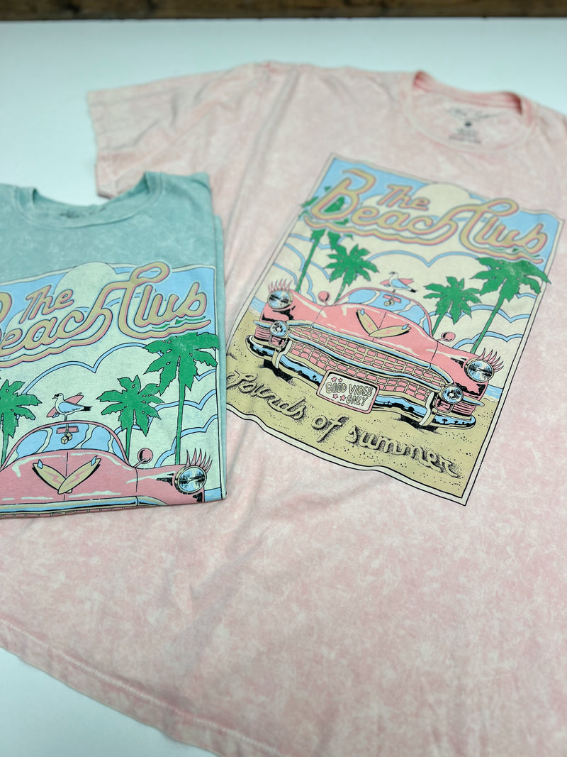 Beach club graphic tee in blue and pink