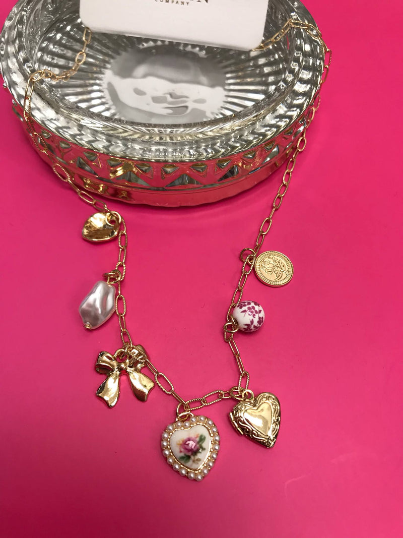 Ceramic Pink Flower Charm Necklace
