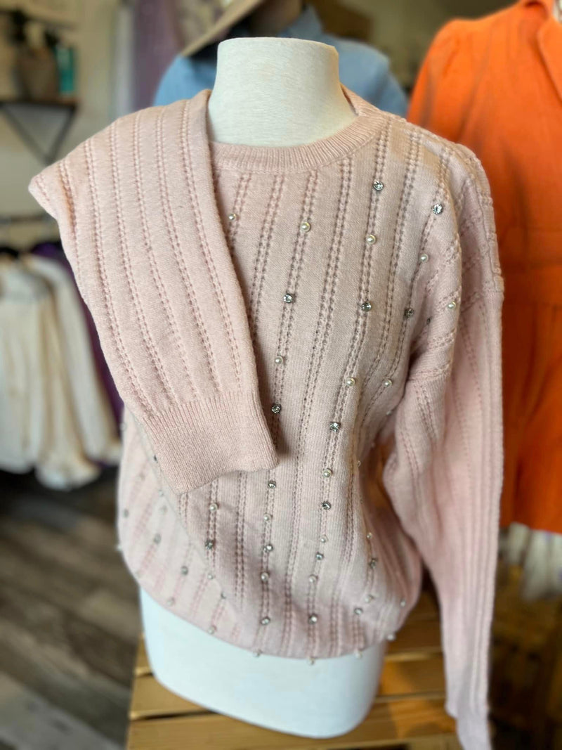 Bibi pearl and jewel embedded sweater in blush