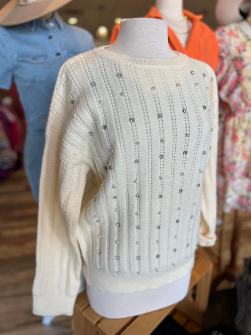 Bibi pearl and jewel embedded sweater in ivory