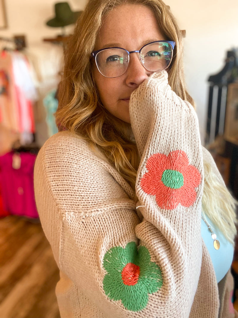 Flower Embroidered Knit Cardigan