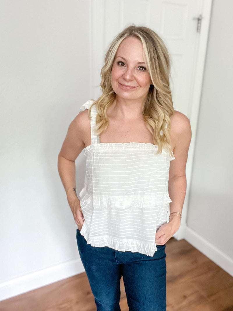 Gilli tiered ruffle top with self tie straps in white