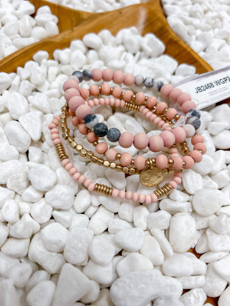 peach wood bead stretch bracelet set 