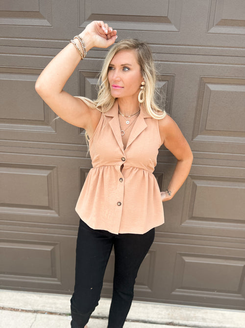 Tan Sleeveless Blouse with Collared neckline and button detail front