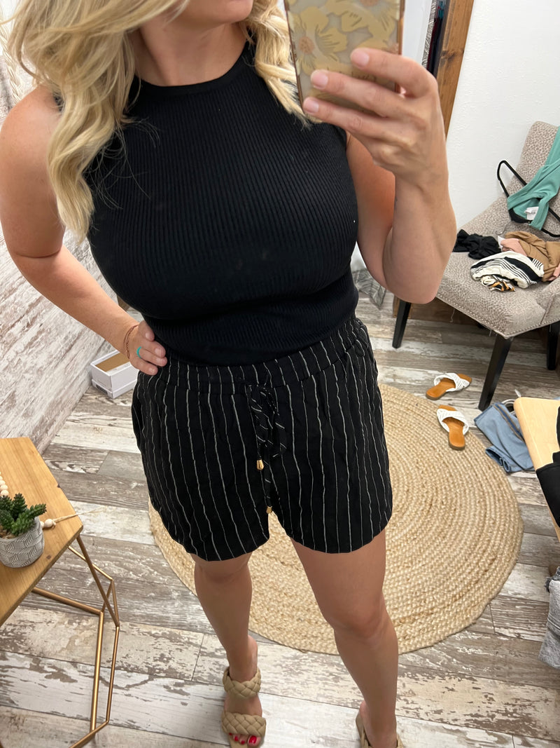 black striped drawstring dress shorts with pockets