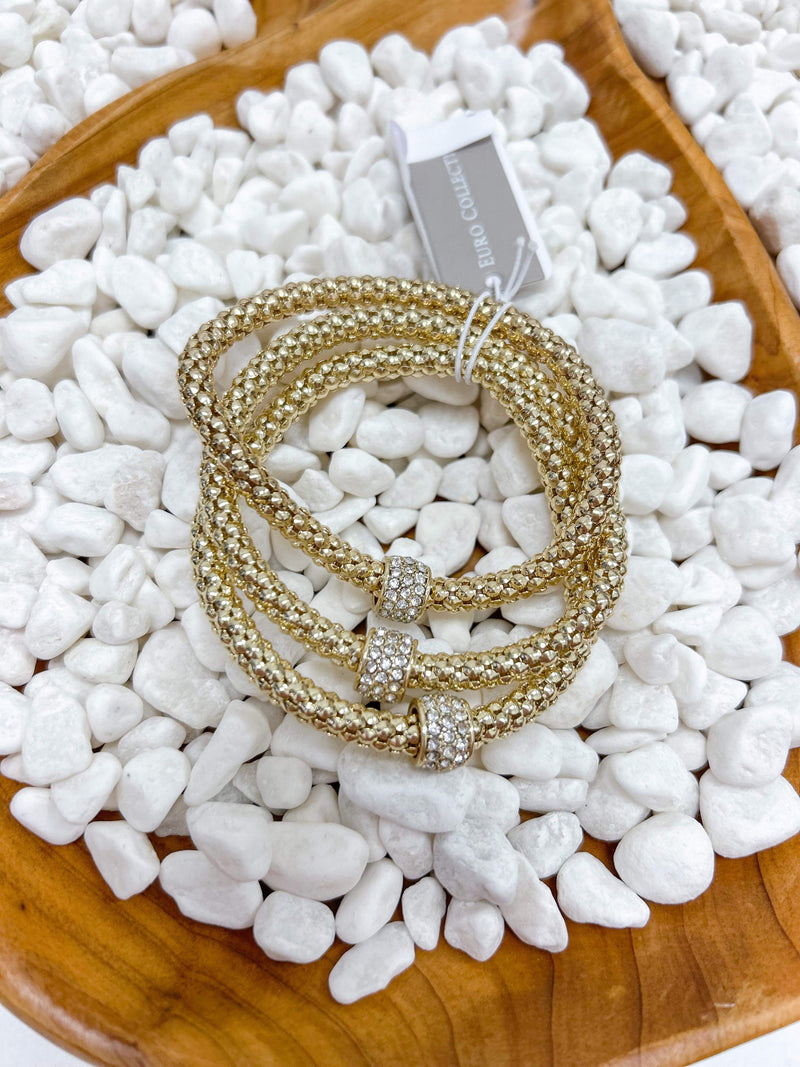 shiny gold metal pave ball stretch bracelet set 